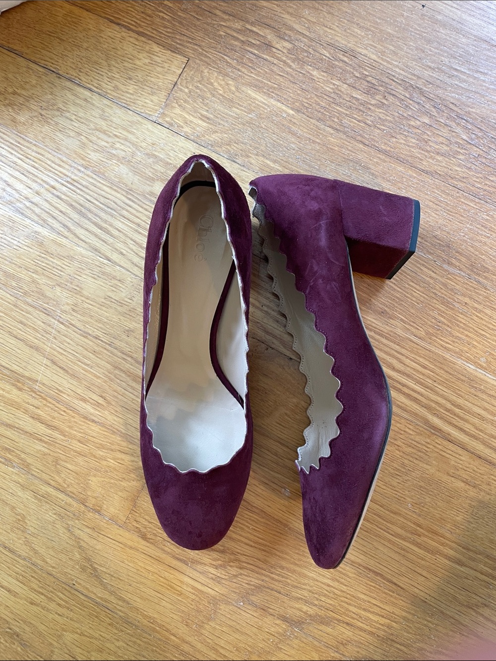 Burgundy Scalloped Block Heel Pumps by Chloé
